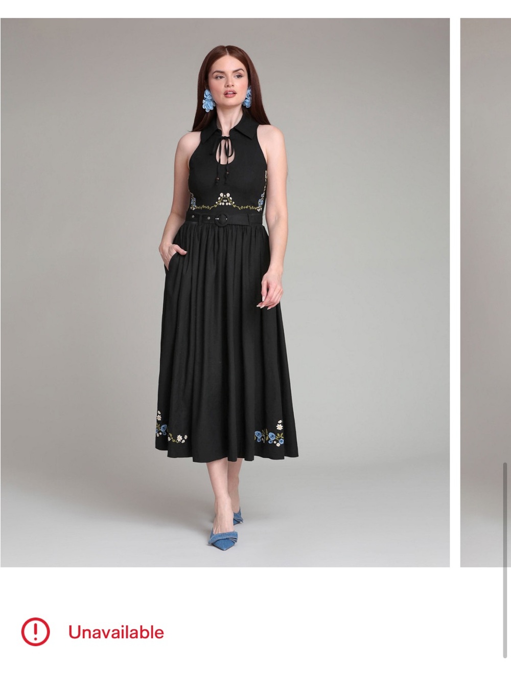 NWT Avec Les Filles Black Halter Midi Dress with Floral Embroidery
